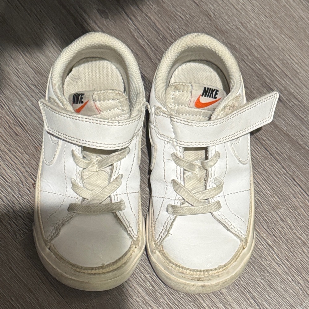 Nike Kids White Leather Velcro Sneakers with Orange Swoosh